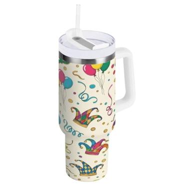 Imagem de Blueangle Copo isolado de máscara de carnaval de 850 g com alça e tampa de palha, caneca de viagem reutilizável de aço inoxidável (942)