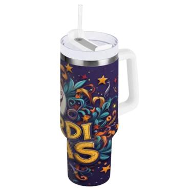 Imagem de Blueangle Copo isolado de máscara colorida de carnaval de 850 g com alça e tampa de palha, caneca de viagem reutilizável de aço inoxidável (183)
