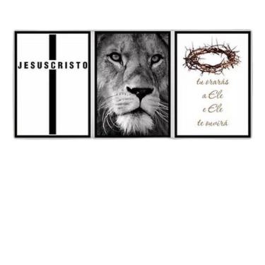 Imagem de Kit 3 Quadros Leão Jesus Cristo 45X34Cm - Madeira Preta