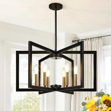 Imagem de Lustre moderno preto e dourado de 63,5 cm sem necessidade de montagem para sala de jantar, luminária de sala de jantar preta e dourada sobre mesa, luminária suspensa de metal industrial para ilha de