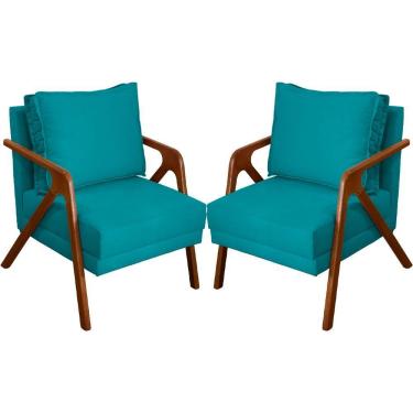 Imagem de Kit 2 Poltronas Decorativa Para Sala Shine Suede Cores Pé Castanho - Azul-turquesa, Suede