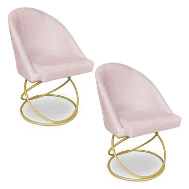 Imagem de Kit 02 Cadeiras Poltrona De Jantar Bela Suede Rosa Bebê Base Metálica Luxo Dourado - Pallazio