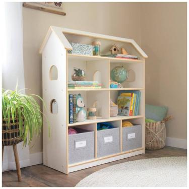 Imagem de Estante casinha infantil Guidecraft EdQ Dollhouse Bookcase Branca com prateleiras e 3 caixas de tecido 94cm