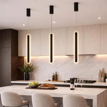 Imagem de Luminária Teto Pendente 60cm Barra 24W LED 3 Cores Lustre Metálico Ova