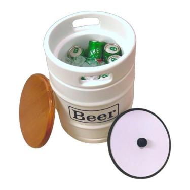 Imagem de Banco Cooler de Cervejas Barril Decorativo Tampo de Madeira 9L Branco 