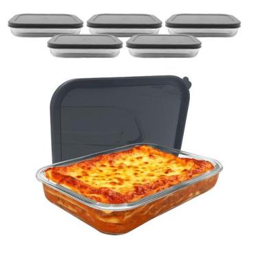 Imagem de Kit 5 Travessa Assadeira De Vidro Com Tampa Hermética Retangular Forno
