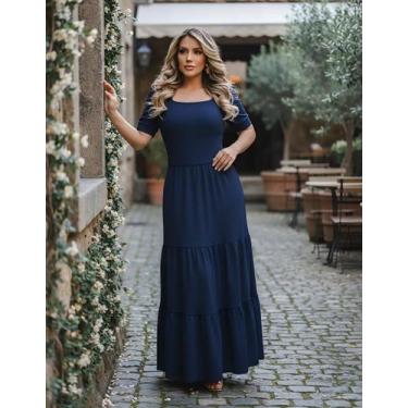Imagem de Vestido Feminino Longo Canelado Terra Prometida, Azul lisa, Gg