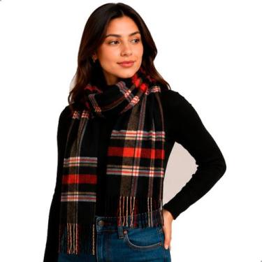 Imagem de Cachecol Echarpe Manta Xale Lenço Inverno 160cm Xadrez Unissex - Preto