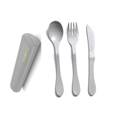Imagem de Knork Conjunto de viagem à base de plantas Eco Astrik, 4 peças (colher de faca com garfo eco com estojo de transporte, cinza