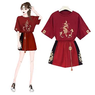 Imagem de Rock88 Conjunto de camiseta estilo chinês + calça Kung Fu de perna larga feminina casual de verão estilo praia roupas respiráveis, vermelha, 3GG (73