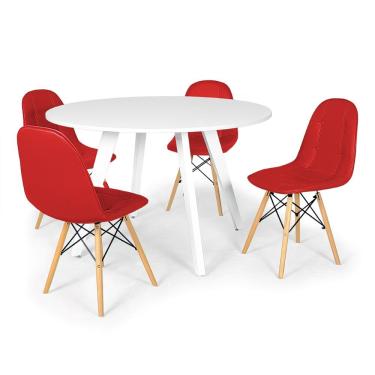 Imagem de Conjunto Mesa de Jantar Redonda Amanda Branca 120cm com 4 Cadeiras Eiffel Botonê - Vermelho