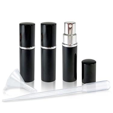 Imagem de Perfume recarregável e atomizadores de névoa fina de colônia com exterior metálico e interior de vidro – 5 ml de tamanho portátil para viagem – Pipeta de transferência de compressão de 3 ml incluída (pacote com 3, preto)