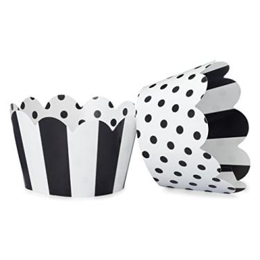 Imagem de Embrulhos de cupcake preto e branco para casamentos, formaturas, festas de aniversário de crianças e adultos, chás de bebê. Conjunto de 24 envoltórios reversíveis para bolos com bolinhas e listras. Preto, branco