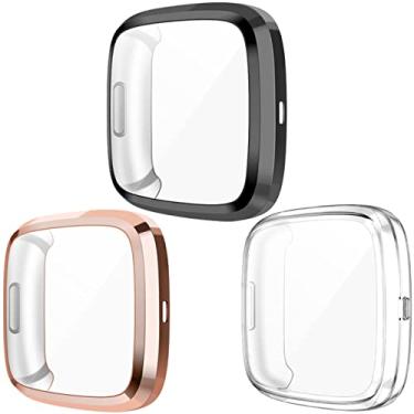 Imagem de Wepro Capa protetora de tela compatível com smartwatch Fitbit Versa 2, pacote com 3 capas completas de TPU macio compatíveis com o relógio Fitbit Versa 2, transparente/preto/ouro rosa