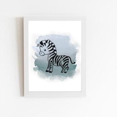 Imagem de Zebra Desenho Animal Infantil Quadro Moldura Branca 60X40cm - Plimshop