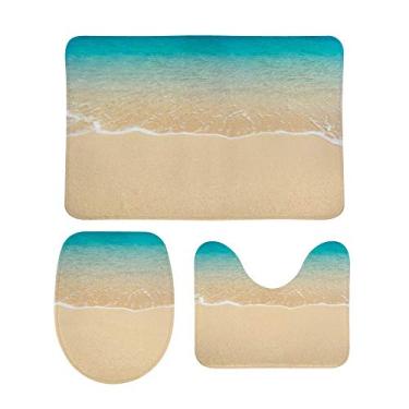 Imagem de My Daily Conjunto de 3 peças de tapete de banheiro azul Sea Wave Sand Beach Contour Mat capa de banheiro antiderrapante