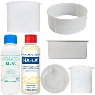 Imagem de Coalho Coagulante + Cloreto de Cálcio + Formas Queijo Minas 500g + Minas 1Kg + Mussarela 1Kg + Canastra 1Kg + Tela