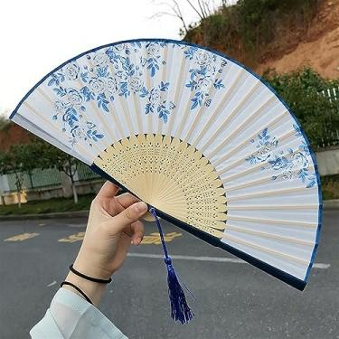Imagem de Leque dobrável Ventiladores de mão de bambu dobráveis de casamento leque chinês japonês crianças China antigo ventilador dobrável presente eventail um principal waaiers vintage bambu acessórios decorativos feitos à mão (cor: azul branco 036)