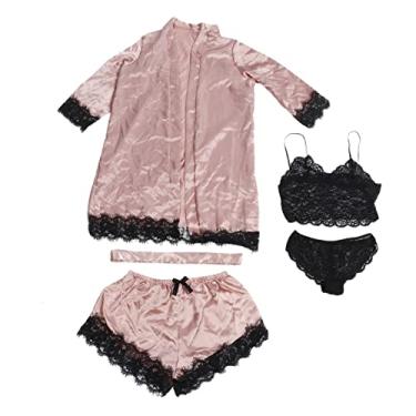 Imagem de 4 Pçs Pijamas de Renda, Camisola de Cetim de Encaixe Solto Feminino Elegante Lingerie Conjunto de Pijamas Floral Guarnição de Renda para Senhora para Lua de Mel (Rosa)