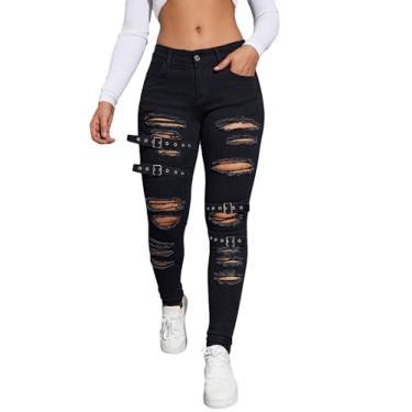 Imagem de Floerns Calça jeans feminina rasgada envelhecida cintura alta stretch jeans, Preto A, 29
