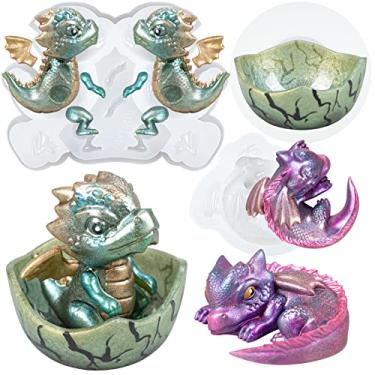 Imagem de Conjunto de artesanato de estatuetas em miniatura de moldes de silicone de resina de ovo dormindo e chocando com dragão bebê
