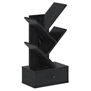 Imagem de Rolanstar Estante com gaveta, prateleira de árvore de 4 prateleiras, estante de madeira para CDs/filmes/livros, estante preta, prateleiras organizadoras de utilidades para sala de estar, quarto