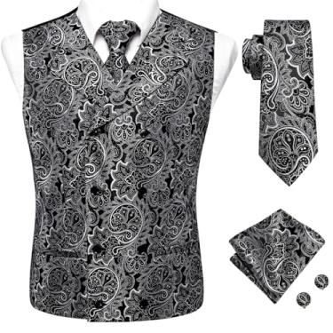 Imagem de BoShiNuo Conjunto de 4 peças slim colete gravata lenço abotoaduras seda masculino colete pescoço conjunto para terno vestido casamento Paisley Floral Coletes, 0058, XX-Large