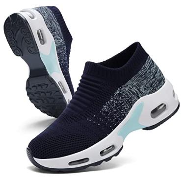 Imagem de Tênis de malha feminino – antiderrapante, sem cadarço, tênis de meia – leve, tênis de corrida com amortecimento de ar, tênis de trabalho, Mix azul, 35