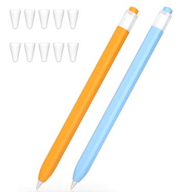 Imagem de JOOSKO Capa compatível com Apple Pencil de 1ª geração, 2 unidades, design clássico, protetor de lápis de silicone macio e leve e capa com ponta de 10 lápis (amarelo, azul celeste)
