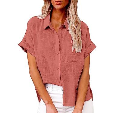 Imagem de Camiseta feminina de verão, de linho, manga curta, cor sólida, caimento solto, gola V, botão, túnica, Rd3, P