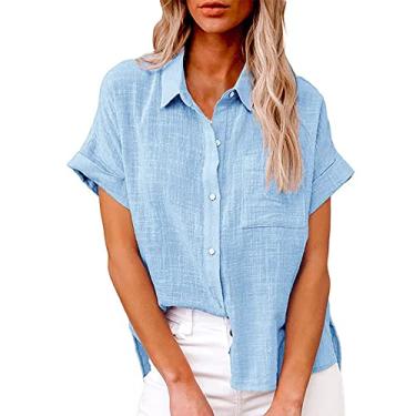 Imagem de Camiseta feminina de linho de manga curta com bolso, gola V, botões, cor sólida, caimento solto, túnica de verão, Azul-celeste, 3G