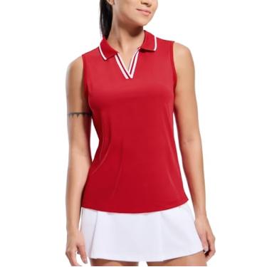 Imagem de MIER Camisa polo feminina de golfe sem mangas, gola seca, gola V, canelada, atlética, com absorção de umidade, Vermelho/branco., G