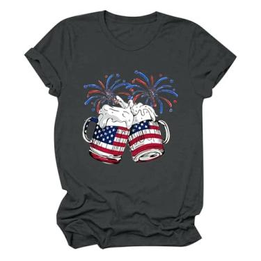 Imagem de PKDong 4th of July Outfit for Women Crew Neck Short Sleeve Independent Day Beer Cups Impresso Camiseta Gráfica para Mulheres, Cinza escuro, G