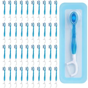 Imagem de Kucbraly Mini Escovas de Dentes Descartáveis para Viagem, 40 Unidades, Azul, Manual, Média Firmeza, Com Fio Dental, Palheta e Raspador de Língua, Coolmint