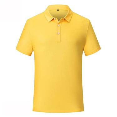 Imagem de Polos masculinos cor sólida clássico ajuste tênis camiseta leve umidade wicking seco regular ajuste estiramento colarinho verão moda(Color:Yellow,Size:S)