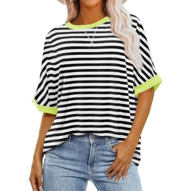 Imagem de Tankaneo Blusa feminina listrada casual meia manga color block tops verão gola redonda, Preto, M