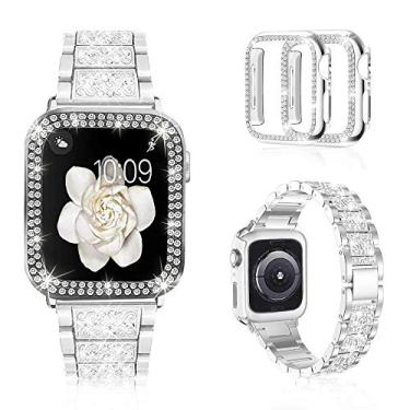 Imagem de Mosonio Pulseira compatível com Apple Watch de 40 mm com capa feminina, pulseira de metal de substituição com 2 unidades de capa protetora de PC brilhante para iWatch Series 6/5/4 (prata)