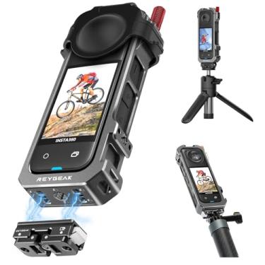 Imagem de REYGEAK Para gaiola Insta360 X4, moldura utilitária de alumínio para Insta360 X4, suporte de base de câmera de liberação rápida com roscas de 1/10.2 cm, capa protetora com capa de lente de silicone.