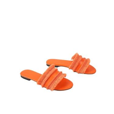 Imagem de OYOANGLE Sandálias femininas de cetim com acabamento de franja, bico aberto, sem cadarço, sandálias elegantes casuais de verão, Laranja, 37