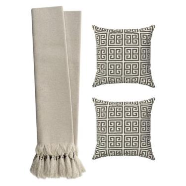 Imagem de Kit 2 Capas De Almofadas 45x45 Bege Cru + Manta Para Sofá Luxo - Tmdec