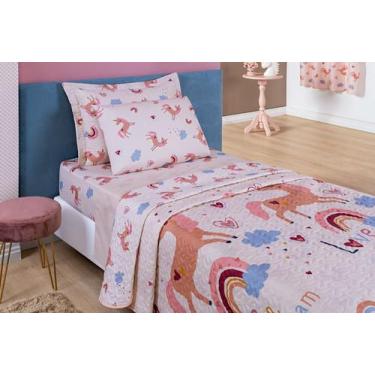 Imagem de Cobre Leito Infantil Dupla Face Unicórnio Rosa  - 2 Peças Cama Solteir