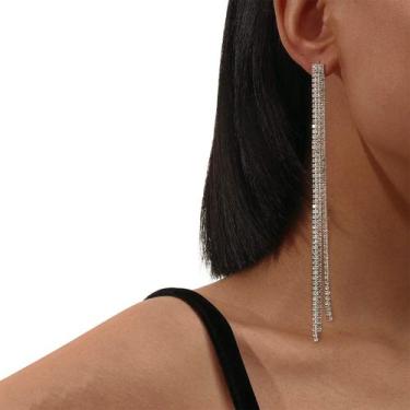 Imagem de Brinco Feminino Delicado Strass Longo Franja Diamante Prata - anjo da 