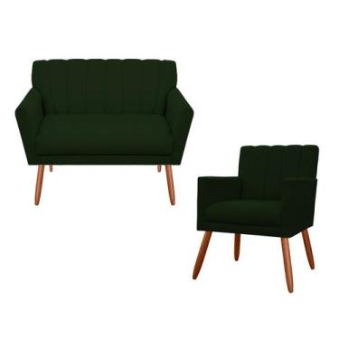 Imagem de Kit Namoradeira + 1 Poltrona Decorativa Cecília Suede Verde Pés Madeir