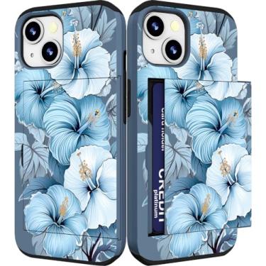 Imagem de IWONE Capa compatível com iPhone 14/15 Plus fofa com porta-cartões Slim Slot Phone 14/15 Plus capa carteira para mulheres/flores azuis floral sem costura folhas de hibisco gráfico