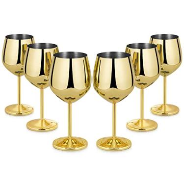 Imagem de Lifecapido Conjunto de 6 taças de vinho de aço inoxidável de 530 ml, taças de vinho de metal com haste com escova para festa, escritório, casamento, aniversário, ótimo para vinho branco tinto (ouro)