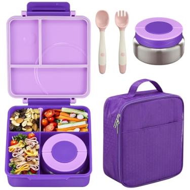 Imagem de Conjunto infantil de lancheira bentô box e pote térmico de sopa com 236 ml, recipiente à prova de vazamento, com 4 compartimentos, pote térmico para comida quente, para escola – roxo