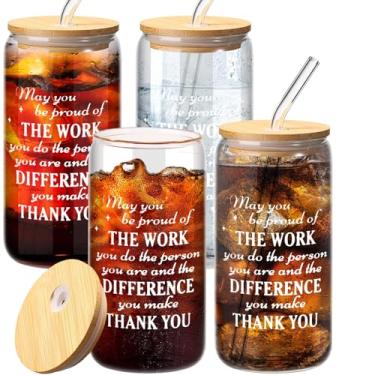 Imagem de Tioncy 4 peças copos de vidro para presente de funcionário de Natal de 473 ml inspirador lata de vidro para beber copos de vidro em forma de copos de vidro com tampas de bambu e palha, presentes de