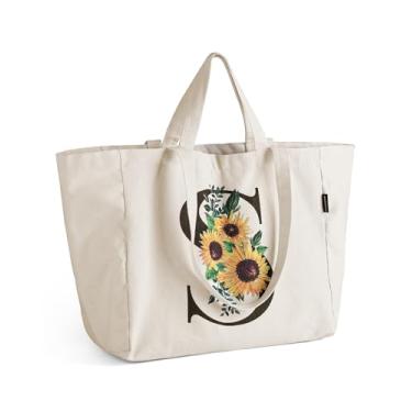 Imagem de AUSVKAI Sacola de lona para mulheres, bolsa de compras de girassol com zíper, bolso interno e alça de ombro longa alça curta, Letra S, Large