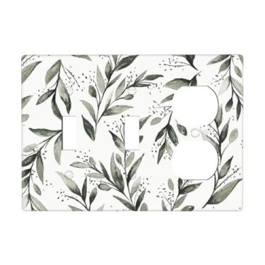 Imagem de Combinação de folhas de oliveira verde/branco, dois interruptores/um receptáculo duplex, placa de parede floral, videira, boho, hera, folha de eucalipto, decorativa, 3 gangs, conjunto de dispositivos