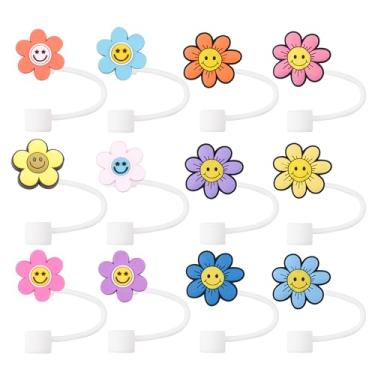 Imagem de Topos de palha de flores coloridas para copos Stanley, capas de palha de silicone rosa vermelha de 10 mm servem para copos de 30 e 1,134 g com alça, tampa de palha reutilizável para copos Stanley